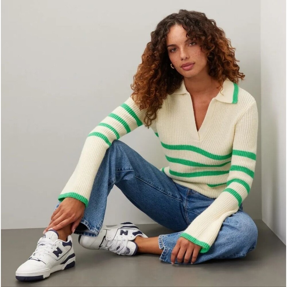 Central Park West Clementine White Green Stripe Polo Sweater Size S